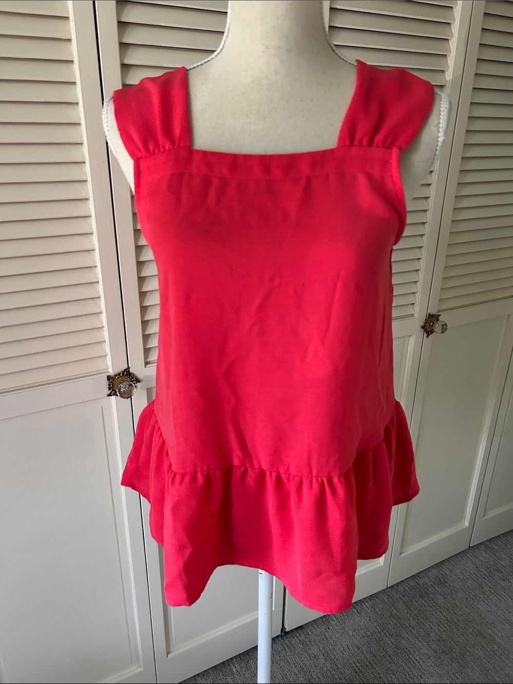 LOFT Coral Red Square Neck Ruffle Hem Sleeveless Tunic